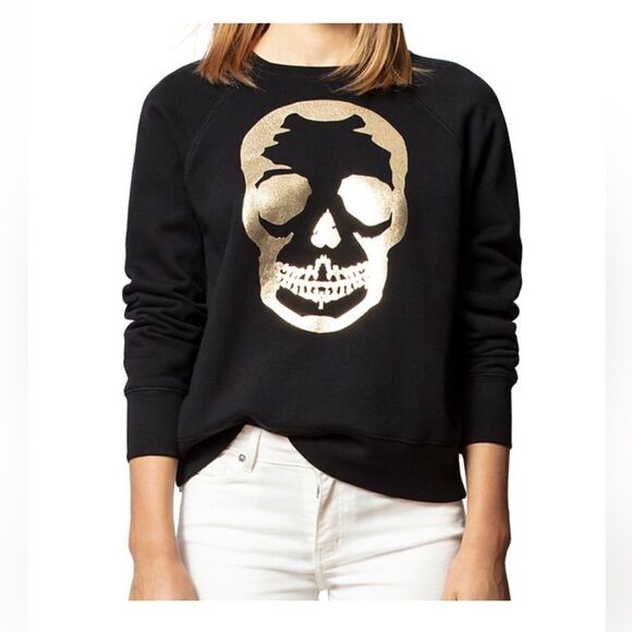 ZADIG & VOLTAIRE Upper Skull Gold and Black Cotton Pullover Sweatshirt SMALL - Picture 3 of 9